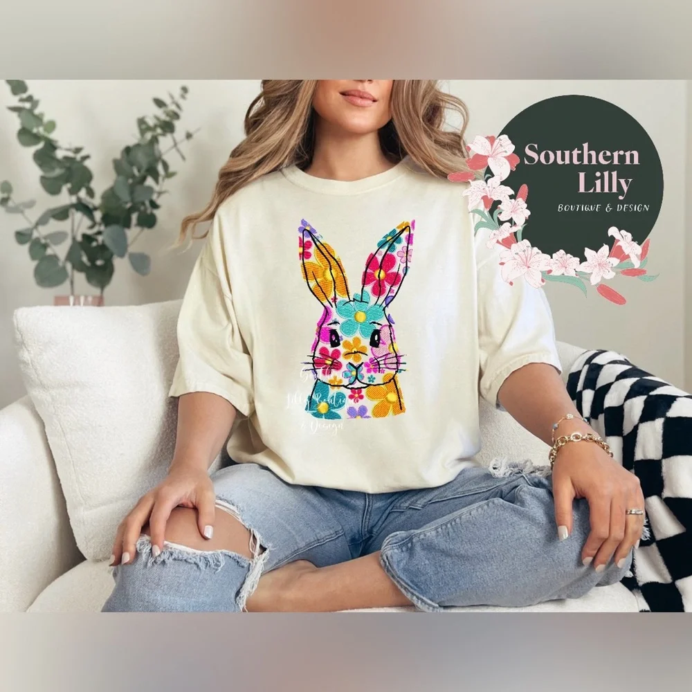 Faux Embroidery Bunny Comfort Colors T-Shirt